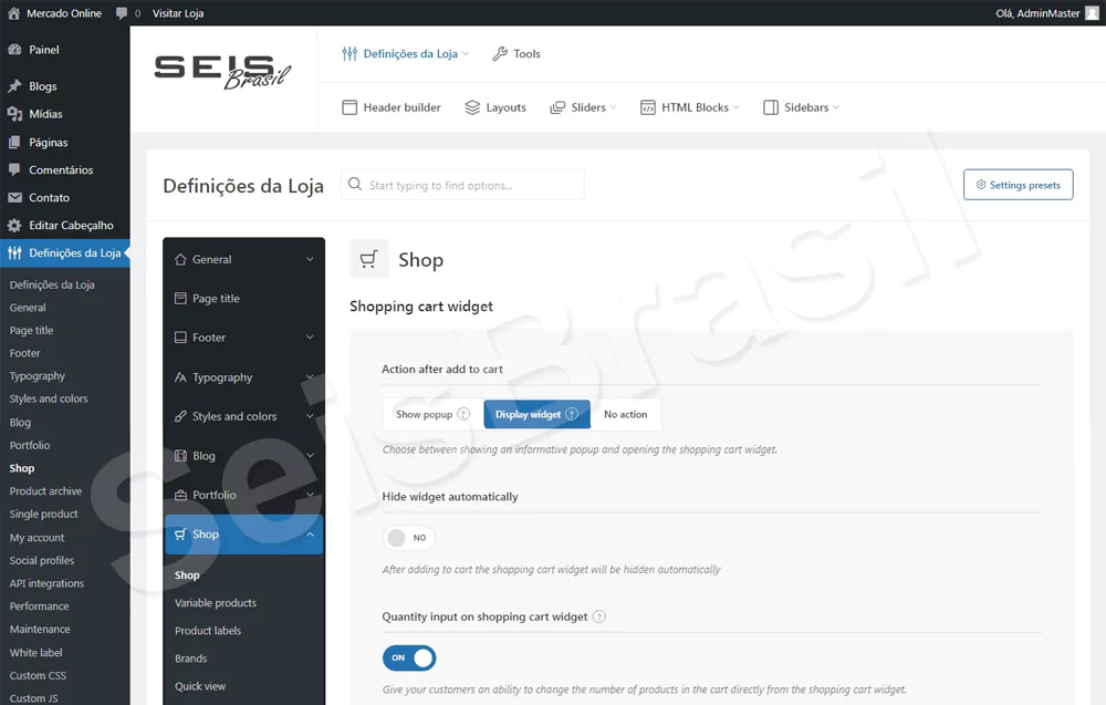 Painel administrativo da loja online para supermercados